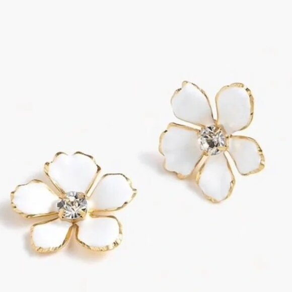 💜 J. Crew White Enamel Flower Earrings With Crystal Center & Gold Trim  Hypoall - Picture 1 of 4